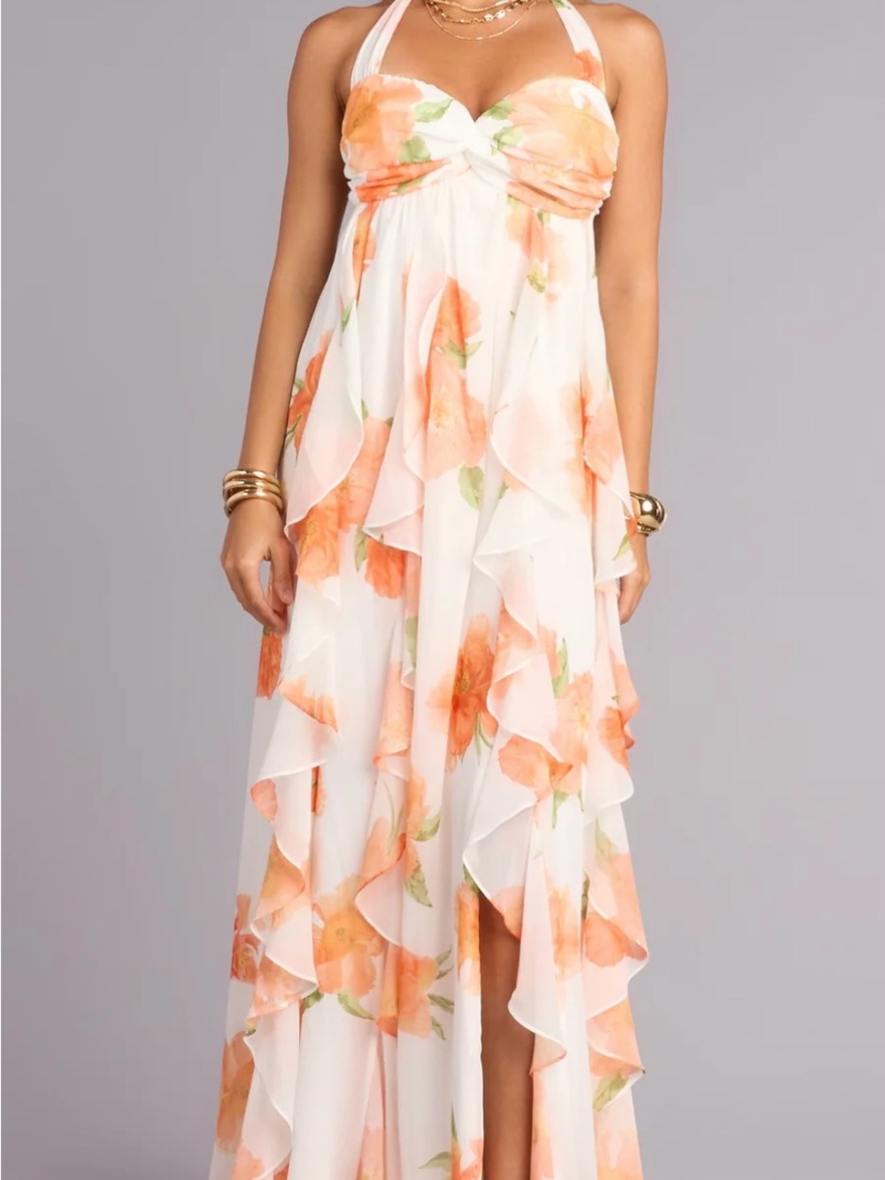 Windsor White Halter Maxi Dress with Peach Floral Print